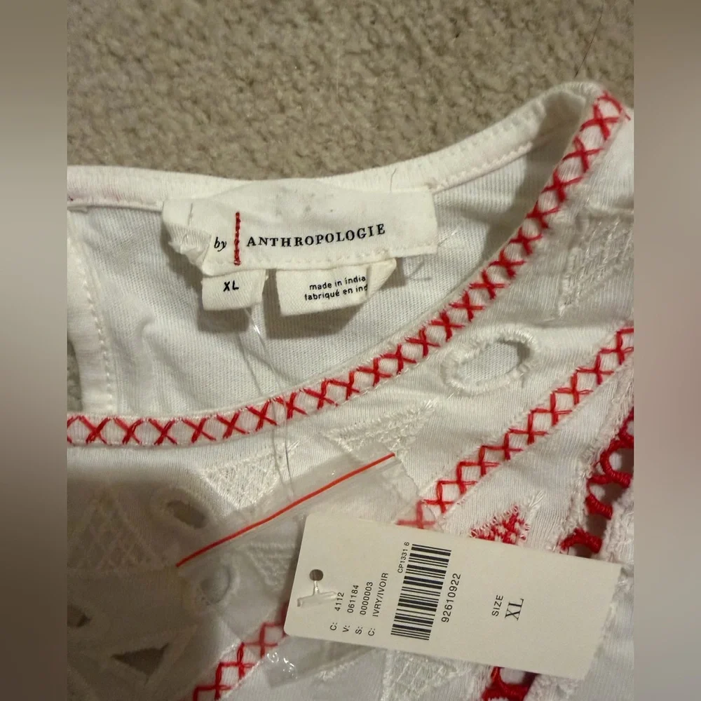 NWT By Anthropologie Puff Sleeve Cutwork Top with red embroidery Sz XL